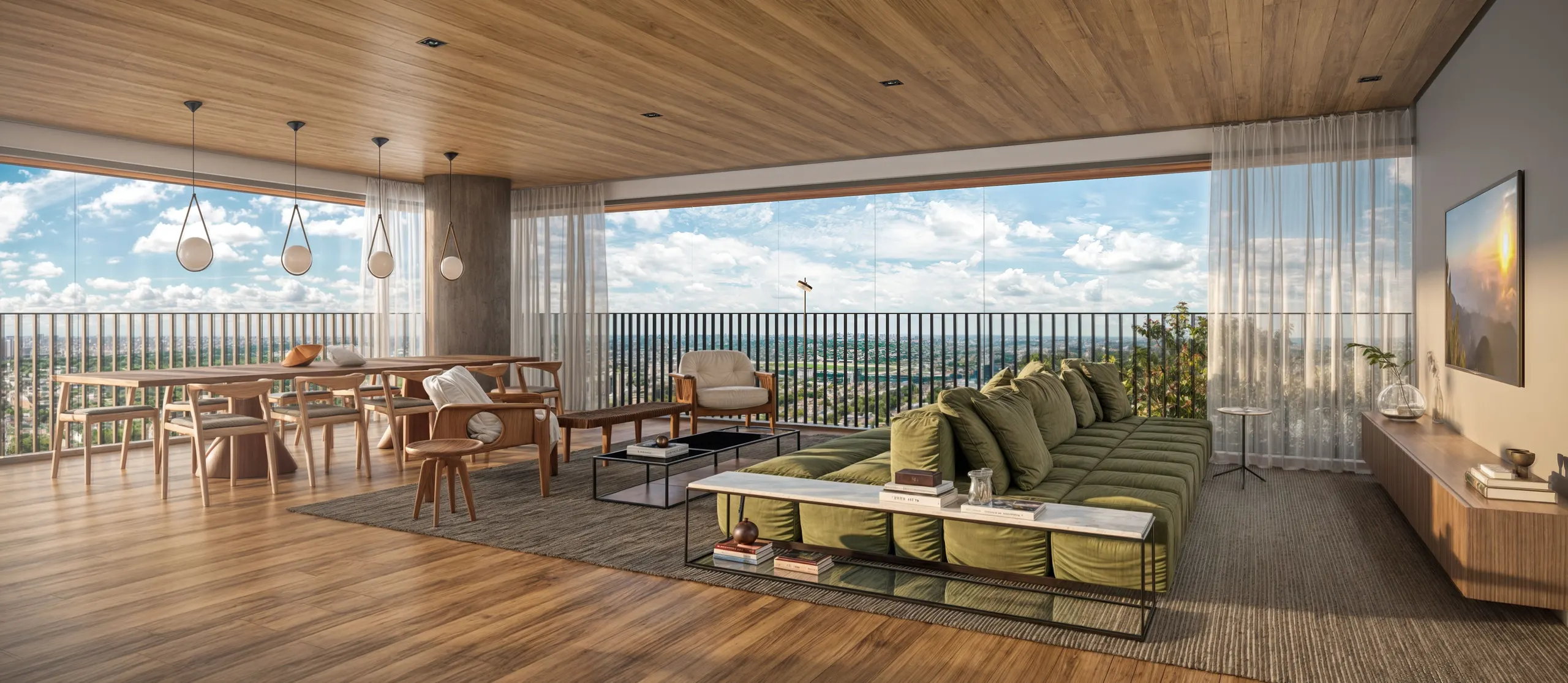 O living de frente para a parede de vidro, com sofá, poltronas e a mesa de jantar, e a cidade e o verde do bairro como fundo.