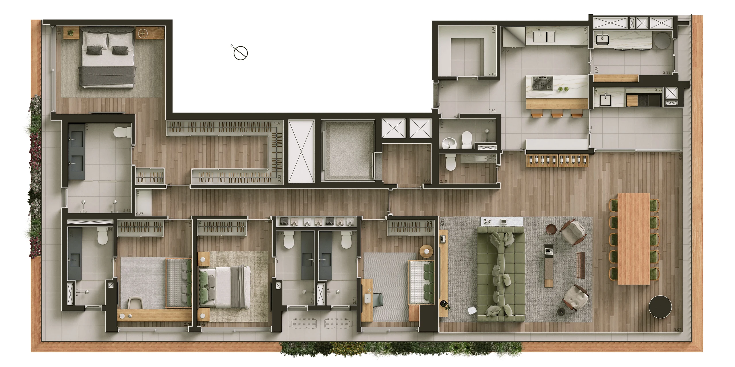 Planta ilustrada da opção 1, de 245 m² e 4 suítes: a área social integrada ao terraço com floreiras, a cozinha e o gourmet fechados, o lavabo, a despensa e as quatro suítes.