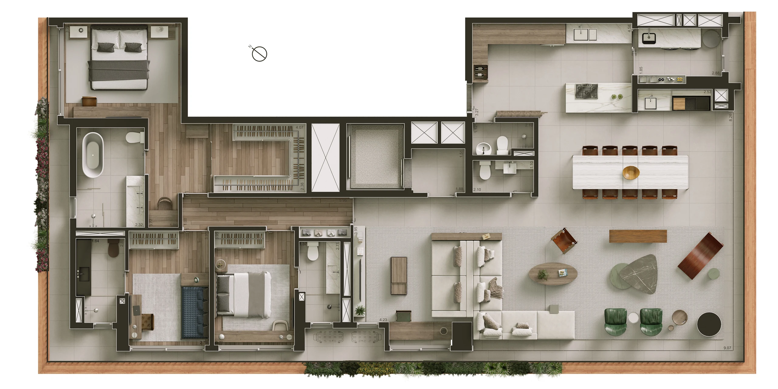 Planta ilustrada da opção 2, de 245 m² e 3 suítes: a área social ampliada, o gourmet e a cozinha integrados, o lavabo e as três suítes.