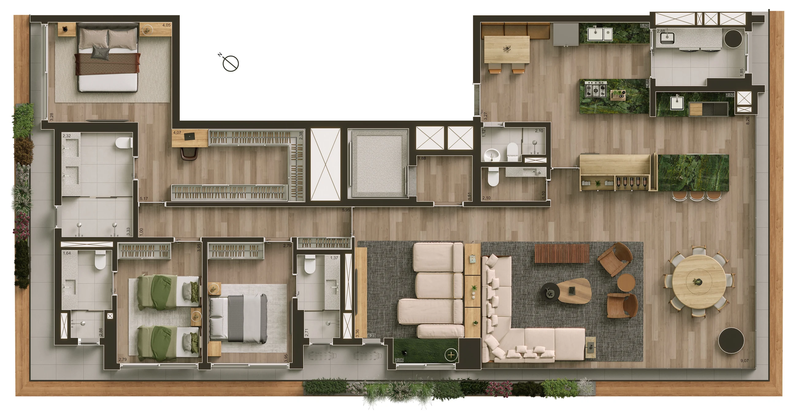 Planta ilustrada da opção 3, de 245 m² e 3 suítes: a área social ampliada, a cozinha fechada com copa, o gourmet integrado, o lavabo e as três suítes.