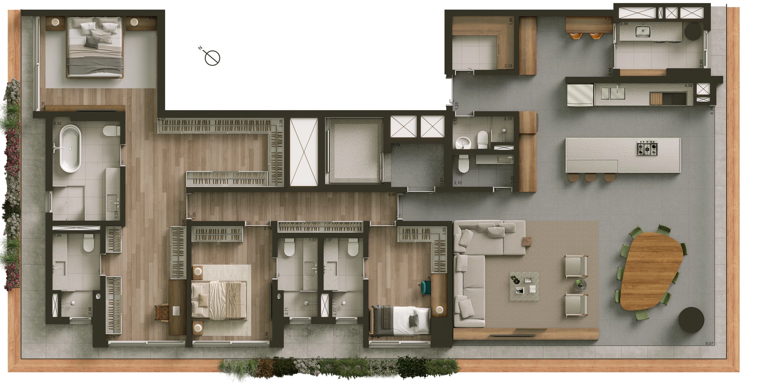 Planta ilustrada da opção 4, de 245 m² e 3 suítes: a suíte master ampliada com dois banhos, a área social, a cozinha e o gourmet integrados, o lavabo, a despensa e o espaço flexível de serviço.