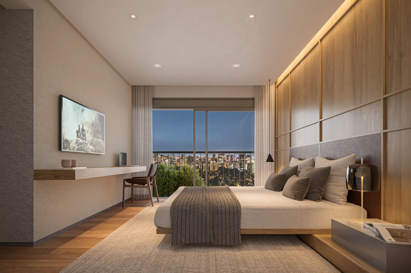A suíte master da opção 1, com cama de casal, painel de madeira iluminado e a janela de piso a teto para a cidade.